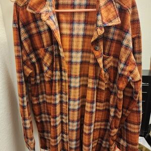 Rust Orange Plaid Button-Up Shirt Jacket